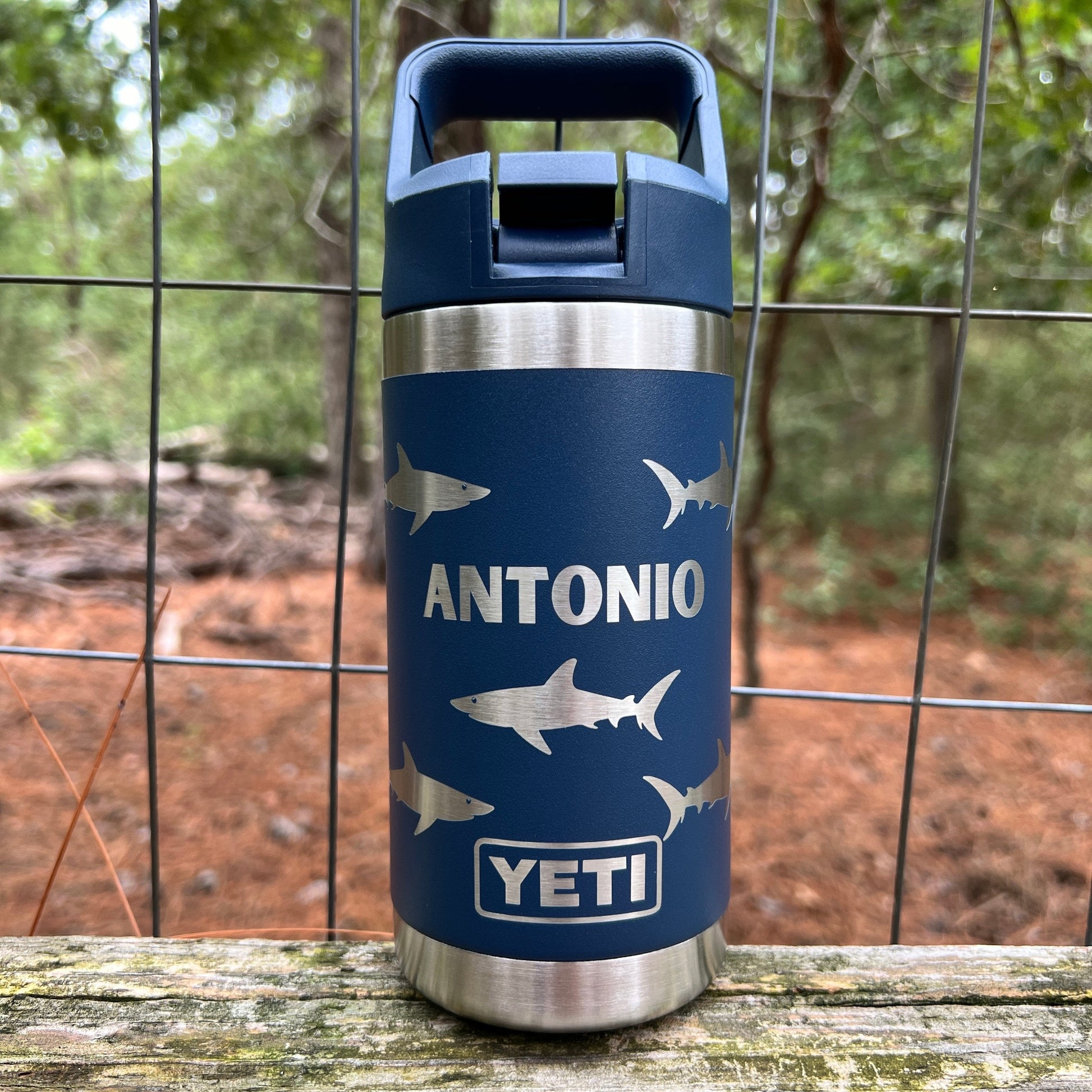 Personalized Kids Yeti 12 oz Water Bottle 12 Designs and 8 Colors to Choose From Birthday Summer Break Back to School Boy Girl Flip Straw - Pine LaserworksPersonalized Yeti 12oz Rambler Jr Water Bottle Sharks Theme in Navy Color. Custom Engraved