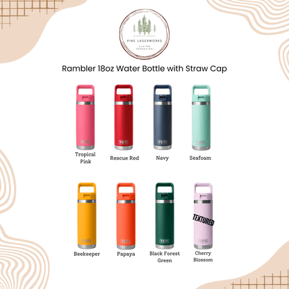 Personalized Kids Yeti 18 oz Laser Engraved Rambler Water Bottle - Pine LaserworksCollection of Rambler 18oz water bottles with straw cap in various colors on a white background.