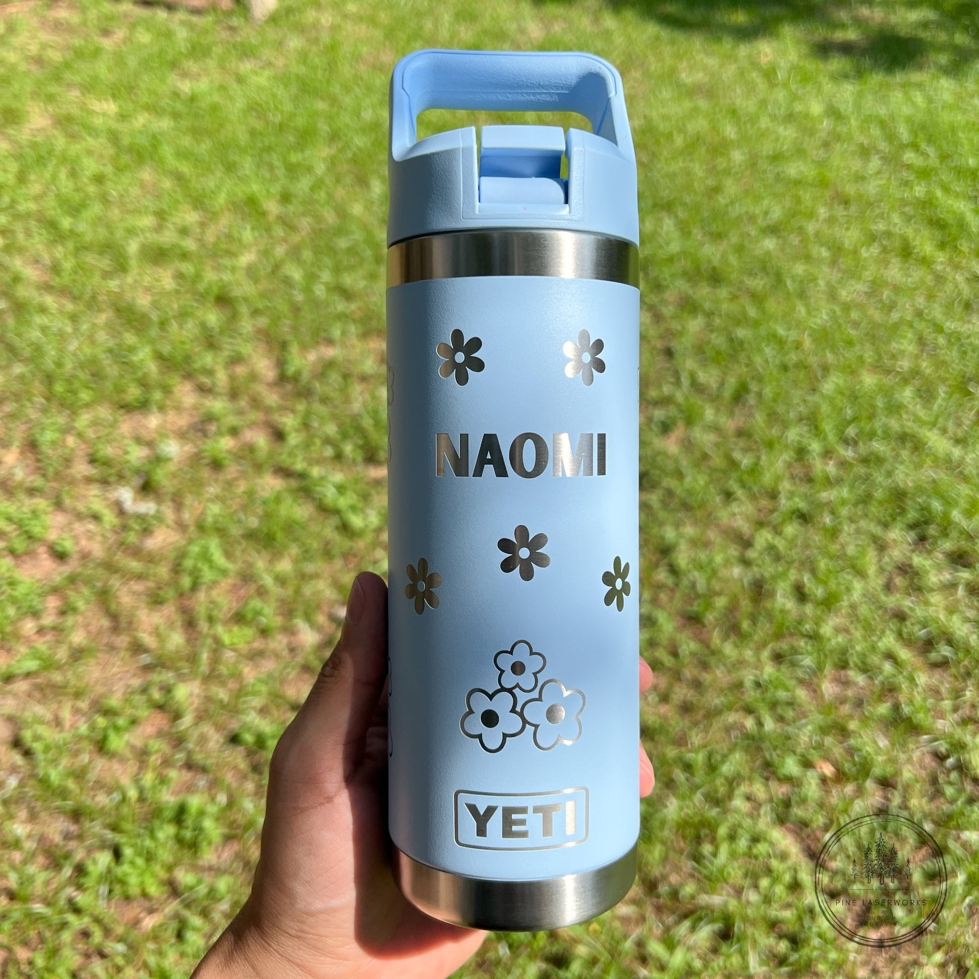 Flowers Personalized Kids YETI 18 oz Laser Engraved Rambler Water Bottle Straw Top Dishwasher Safe pinelaserworks.com