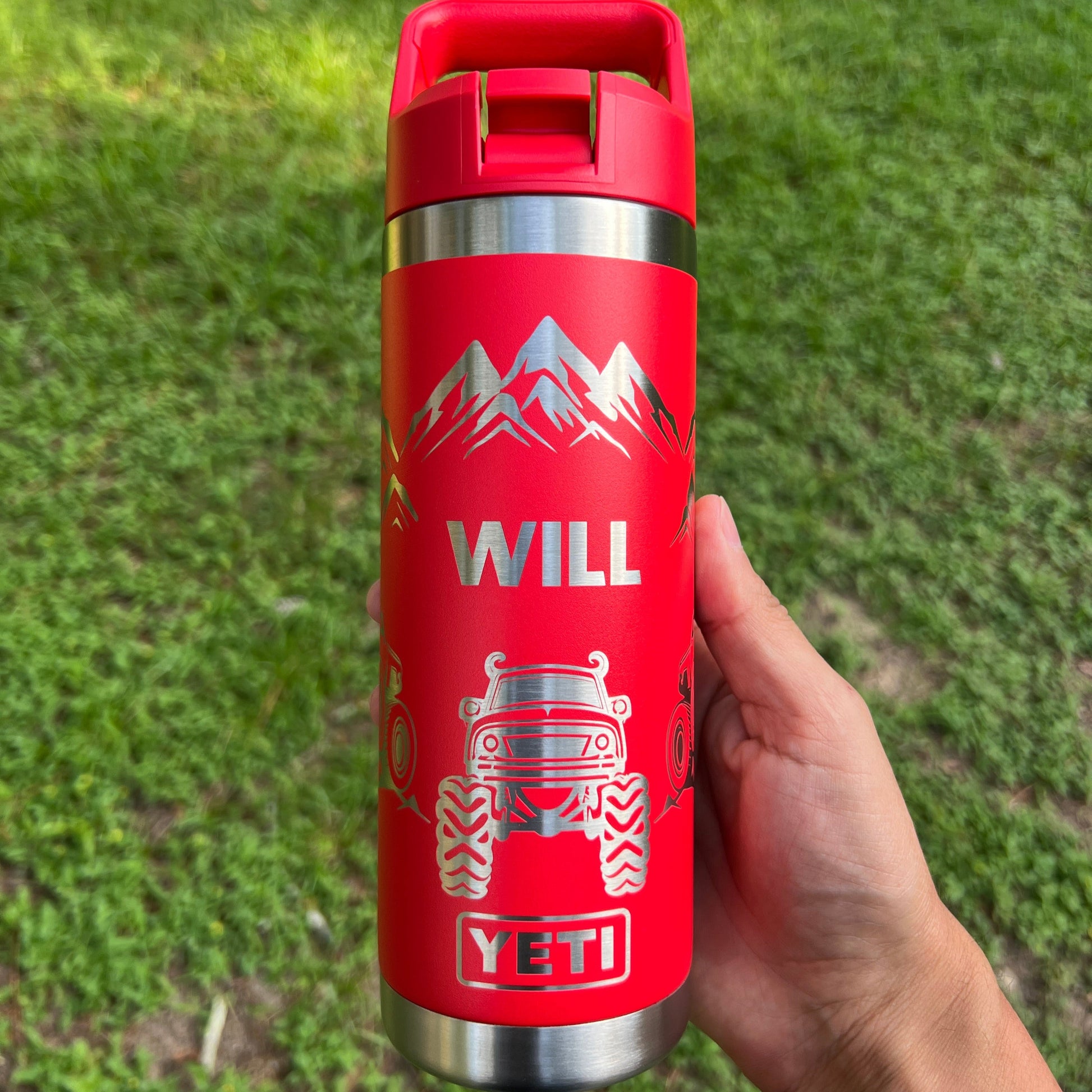 Monster Trucks Personalized Kids YETI 18 oz Laser Engraved Rambler Water Bottle Straw Top Dishwasher Safe pinelaserworks.com