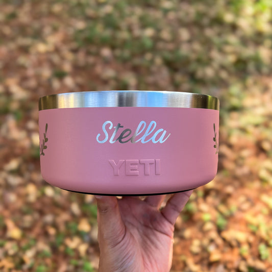 Personalized Pet Bowl Yeti Boomer 4 Cup Custom Engraved Bowl - Pine LaserworksPink YETI mug with 'Stella' branding held in a hand against a natural background