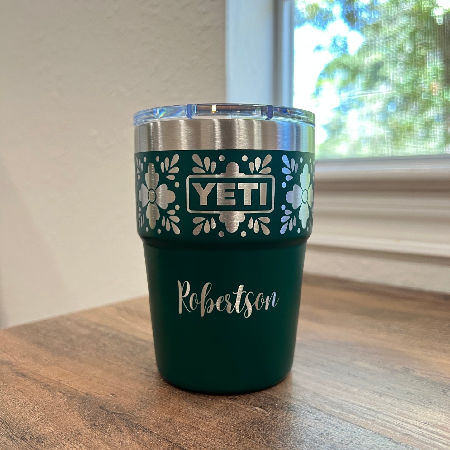 Black Forest Green Talavera Pattern Yeti 16oz Stackable Cup. Gift for Her, Birthday, Anniversary, Best Friend Gift, Talavera Wedding Favor. Custom Yeti Laser Engraved cup. pinelaserworks.com