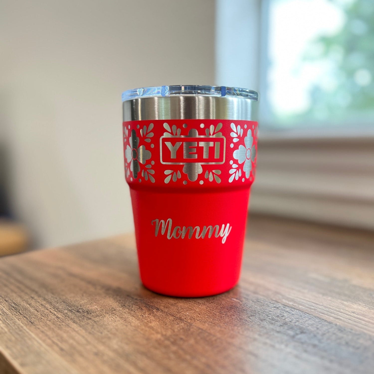 Personalized Talavera Flower Yeti 16oz Stackable Cup - Pine LaserworksRed YETI mug with 'Mommy' on a wooden surface