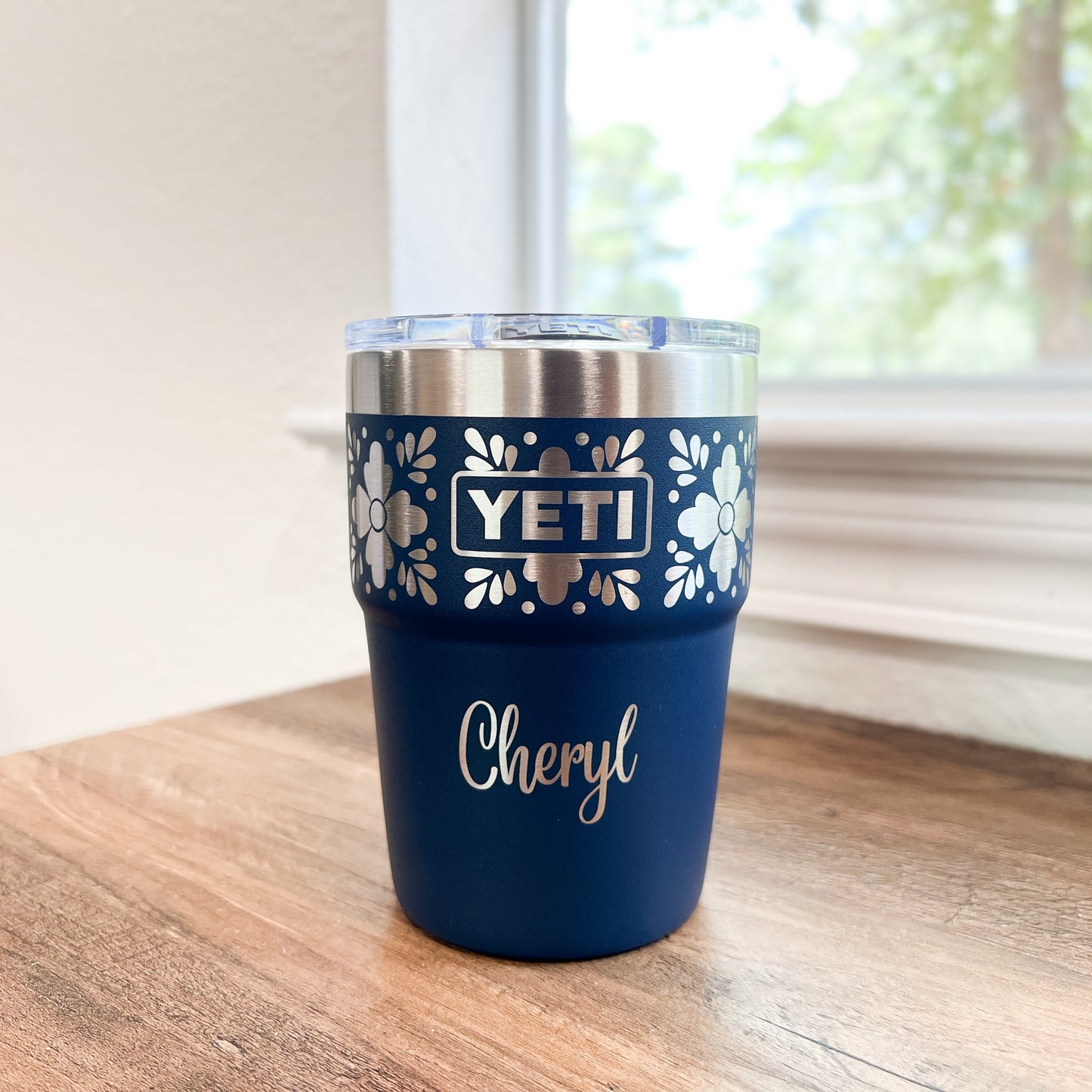 Navy Talavera Pattern Yeti 16oz Stackable Cup. Gift for Her, Birthday, Anniversary, Best Friend Gift, Talavera Wedding Favor. Custom Yeti Laser Engraved cup. pinelaserworks.com