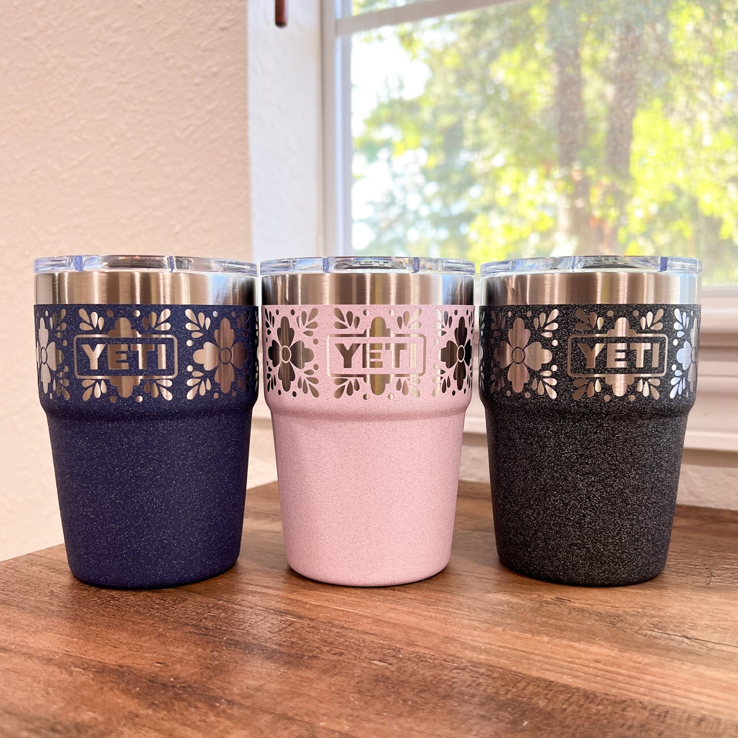 Moon Dust, Cherry Blossom and Black Stone Talavera Pattern Yeti 16oz Stackable Cup. Gift for Her, Birthday, Anniversary, Best Friend Gift, Talavera Wedding Favor. Custom Yeti Laser Engraved cup. pinelaserworks.com