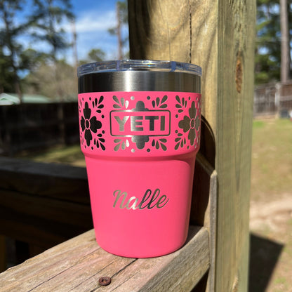 Personalized Talavera Flower Yeti 16oz Stackable Cup - Pine LaserworksTropical Pink YETI Tumbler with floral designs and 'Nalle' name on a wooden surface