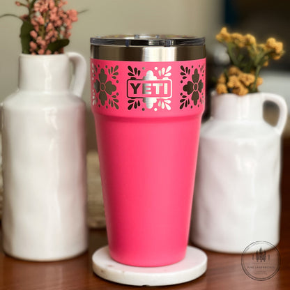 Personalized Talavera Flower Yeti 30oz Stackable Cup - Pine LaserworksTropical Pink YETI tumbler with floral design on a coaster with white vases and flowers in the background.