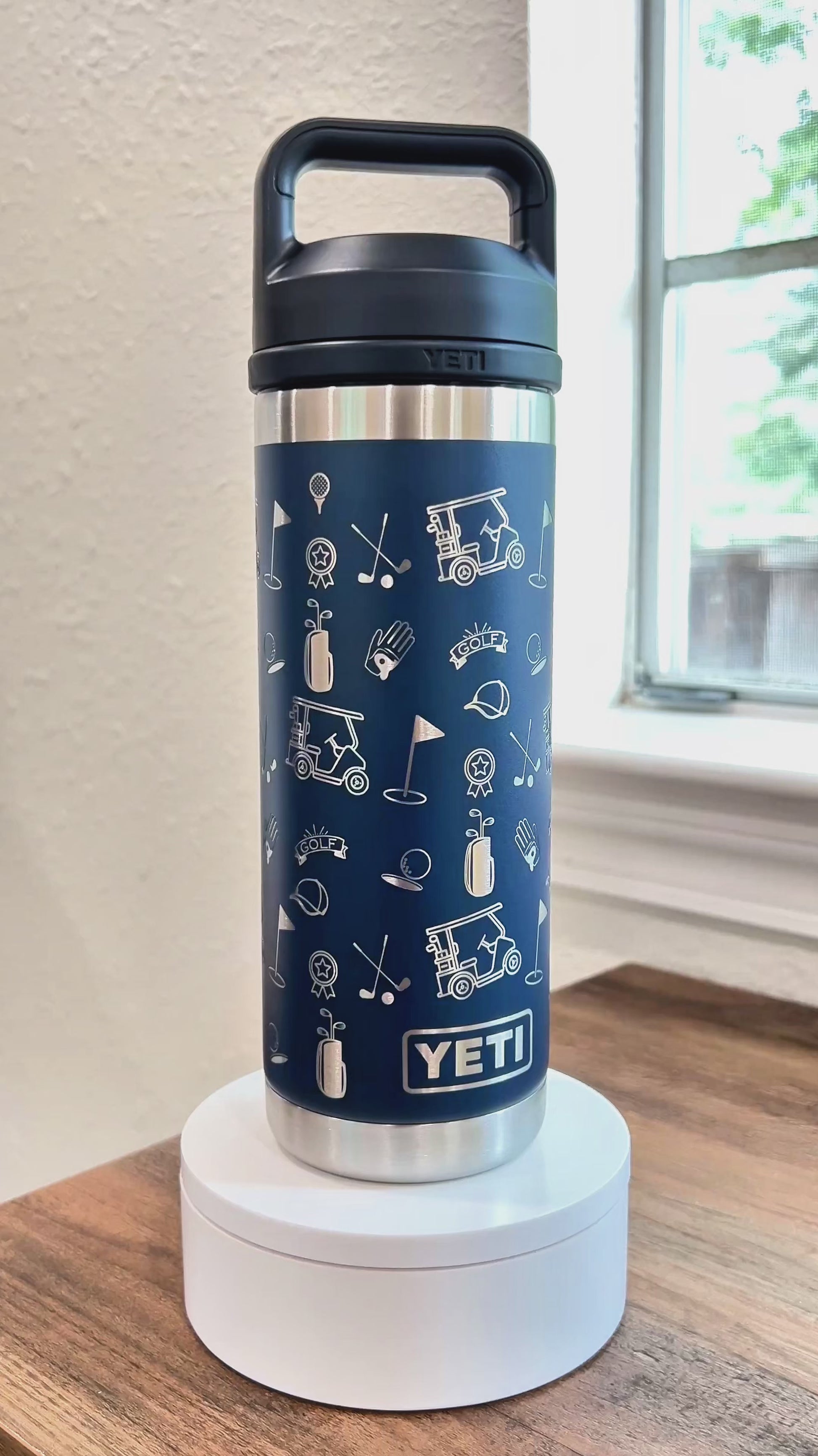 Golf Pattern Navy Yeti 18oz Rambler Laser Engraved Water Bottle