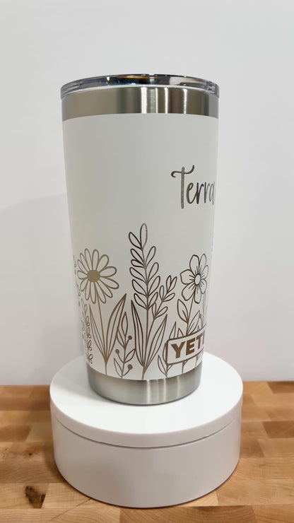 Personalized Floral Yeti 20oz Rambler Tumbler Full 360 Laser Engrave