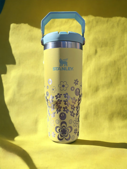 Retro Stanley 30oz IceFlow Flip Straw Tumbler Water Bottle - Pine LaserworksRetro Style Stanley 30oz water bottle in Pomelo color. Teal top with straw pickup and large swing handle. wavy daisy pattern with happy and flowers. Shiny and great finish.