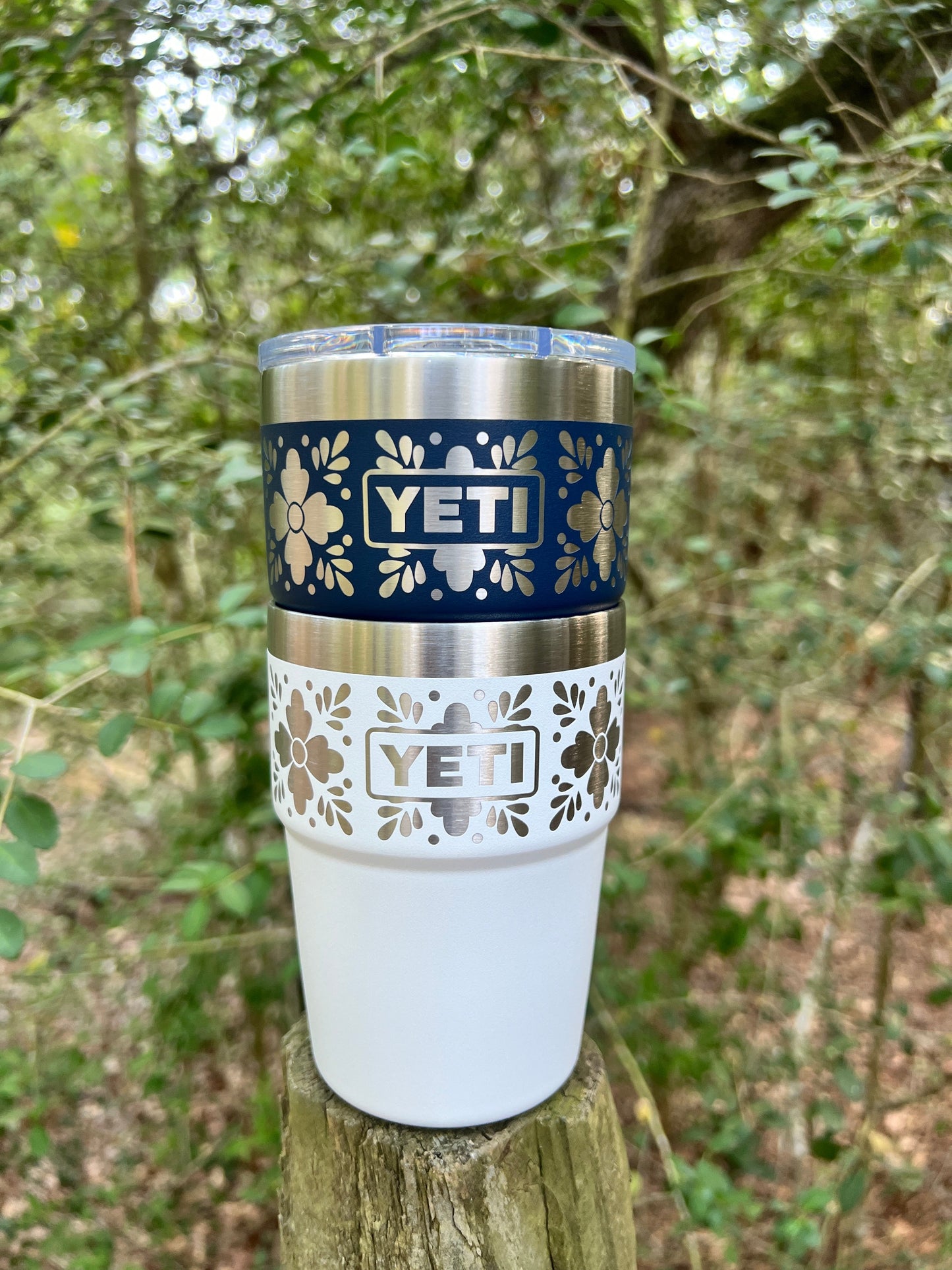 Talavera Flower Yeti 16oz Stackable Cup - Pine LaserworksWhite and Navy Talavera Engraved Yeti 16oz Stackable Rambler Tumbler. Personalized Tumbler Personalized Yeti Cup. pinelaserworks.com